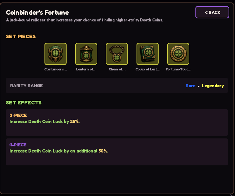 Coinbinder's Fortune relic set, Rare to Legendary. 2-piece: increase Death Coin Luck by 25%. 4-piece: increase Death Coin Luck by an additional 50%.