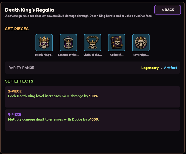 Death King's Regalia relic set, Legendary to Artifact. 2-piece: each Death King level increases Skull damage by 100%. 4-piece: multiply damage dealt to enemies with Dodge by x1000.