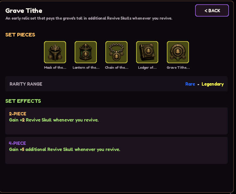 Grave Tithe relic set, Rare to Legendary. 2-piece: gain +2 Revive Skull whenever you revive. 4-piece: gain +5 additional Revive Skull whenever you revive.