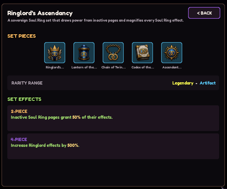 Ringlord's Ascendancy relic set, Legendary to Artifact. 2-piece: inactive Soul Ring pages grant 50% of their effects. 4-piece: increase Ringlord effects by 500%.