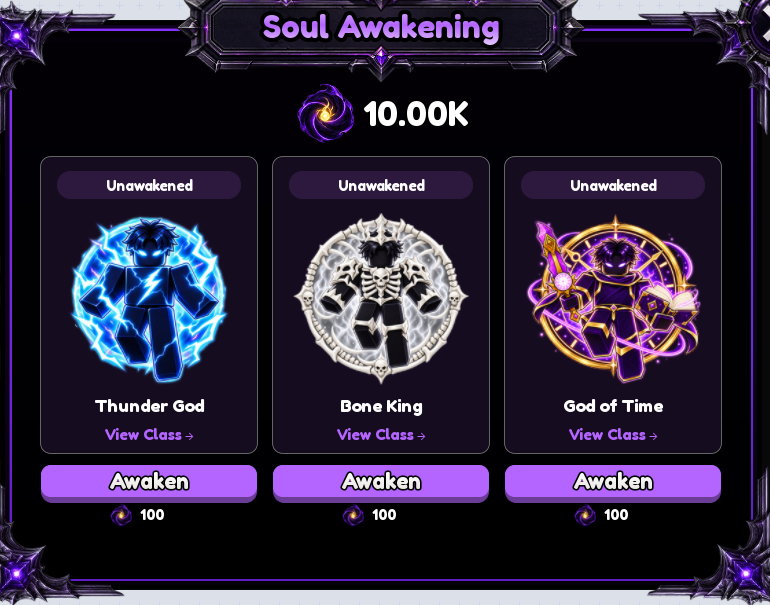 Soul Awakening screen with the three classes: Thunder God, Bone King and God of Time, each 100 Abyss Core to awaken