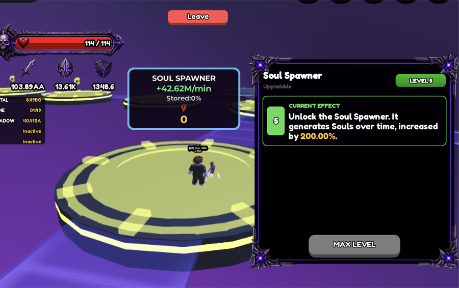 Soul Spawner at Ascension 42 making +42.62M Souls per minute, next to its upgrade screen at Level 5: generates Souls over time, increased by 200%